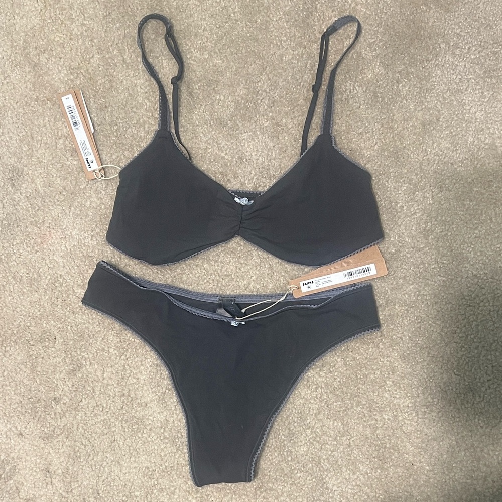 Skims Picot bralette and tanga set in ash contrast